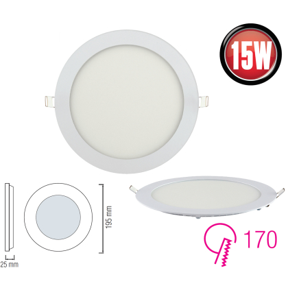 15w LED Einbauleuchte Unterputz slim Flach Panel 1490 Lumen IP40  rund Ø 200mm Lochmaß Ø 18,5 cm kaltweiß