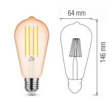 6W Dimmbare LED Leuchtmittel Filament E27 Kegel ST64...