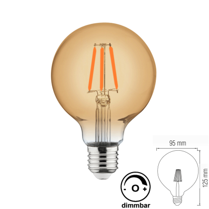 6 Watt DIMMBAR E27 LED Leuchtmittel Filament Kugel Globe (G95, 95mm Durchmesser) 515 Lumen warmweiß (2200 K)