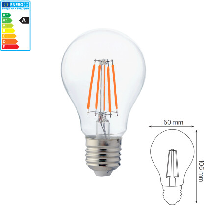 6 Watt E27 LED Filament Leuchtmittel Birne Standart Formt Warmweiß (3000 K) 600Lm