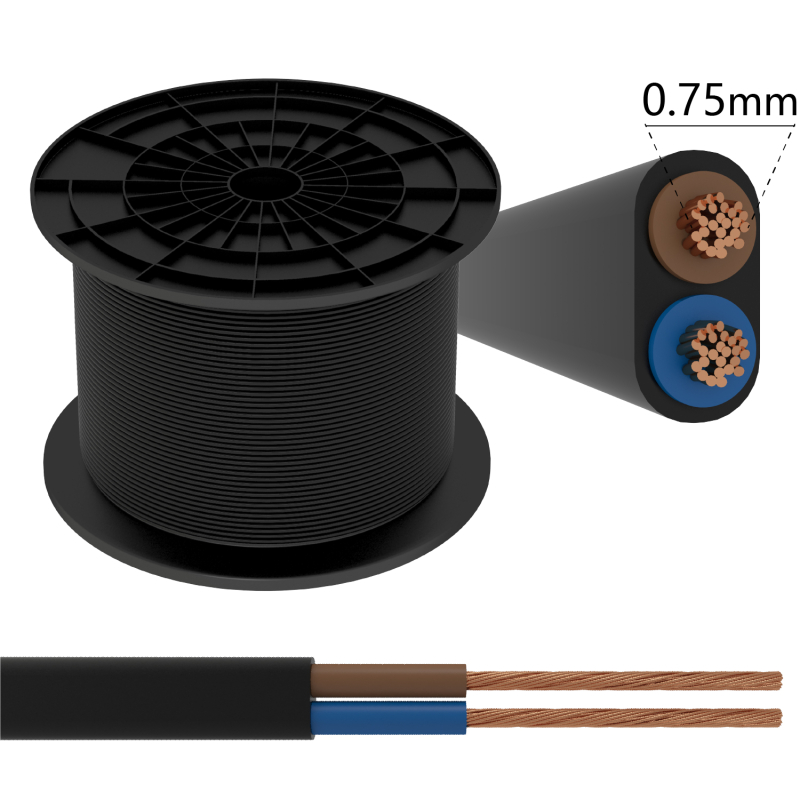 2-adrig 2x0,75 Stromkabel Elektrokabel H03VVH2-F Schwarz 1 meter, 1,15 €