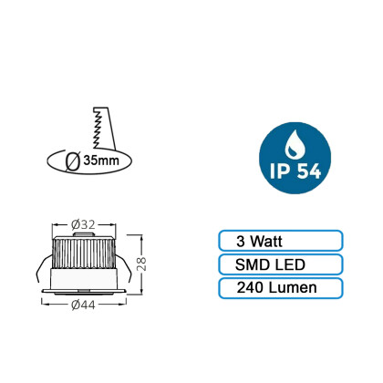 3W LED Spot Klein Mini Einbaustrahler Einbauleuchte Einbauspot 3000K Warmweiß 240 Lumen 230V Anschluss Schutzart IP54 Weiß