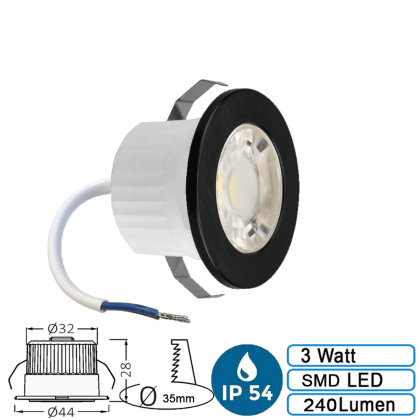 3w Mini LED Einbauleuchte Einbaustrahler Einbauspot Spot Schwarz 240 Lumen Schutzart IP54 Warmweiß