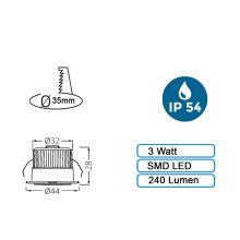 3 W Mini LED Einbauleuchte Einbaustrahler Einbauspot Spot Silber 240 Lumen Schutzart IP54