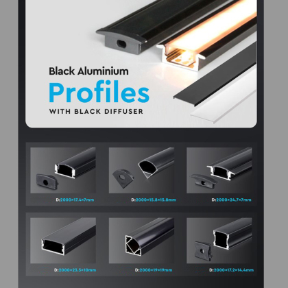 2m Alu Profile Alu Schiene Profil Kanal System für LED-Streifen Schwarz mit schwarzer Abdeckung.