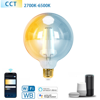E27 LED CCT Smart Wi-Fi Filament Retro Vintage Nostalgie Leuchtmittel Bernstein dimmbar 2700-6500K G125 Ø 125mm 6 Watt
