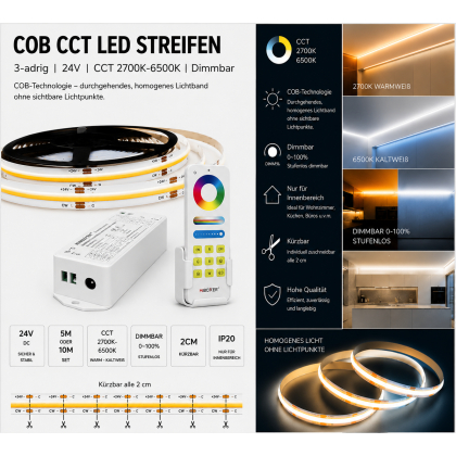 24V COB CCT LED Streifen Set 5m / 10m | 2700K-6500K | Dimmbar Komplettset mit Controller, Touch-Fernbedienung & Netzteil